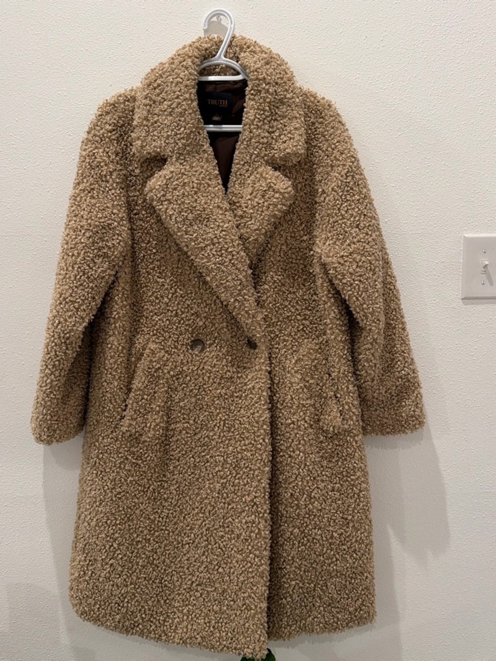 Tru Self Double-Breasted Teddy Coat in Camel